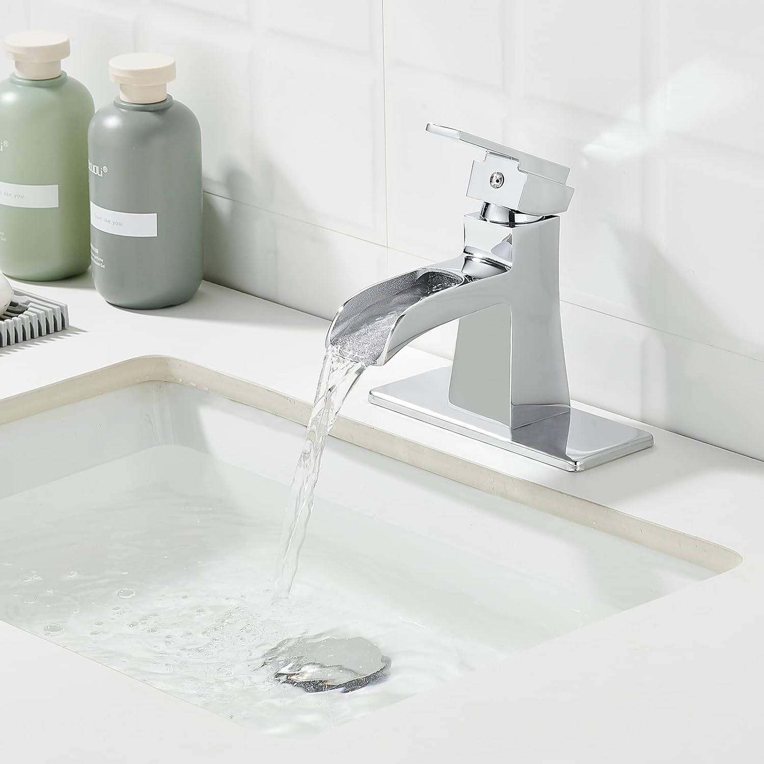 Chrome Waterfall Bathroom Faucet, Sanliv Single Handle Bathroom Sink Faucet for 1 or 3-Hole Sinks (4 Inch Centerset) Modern Farmhouse Vanity Faucet with Pop Up Drain, Polished Chrome