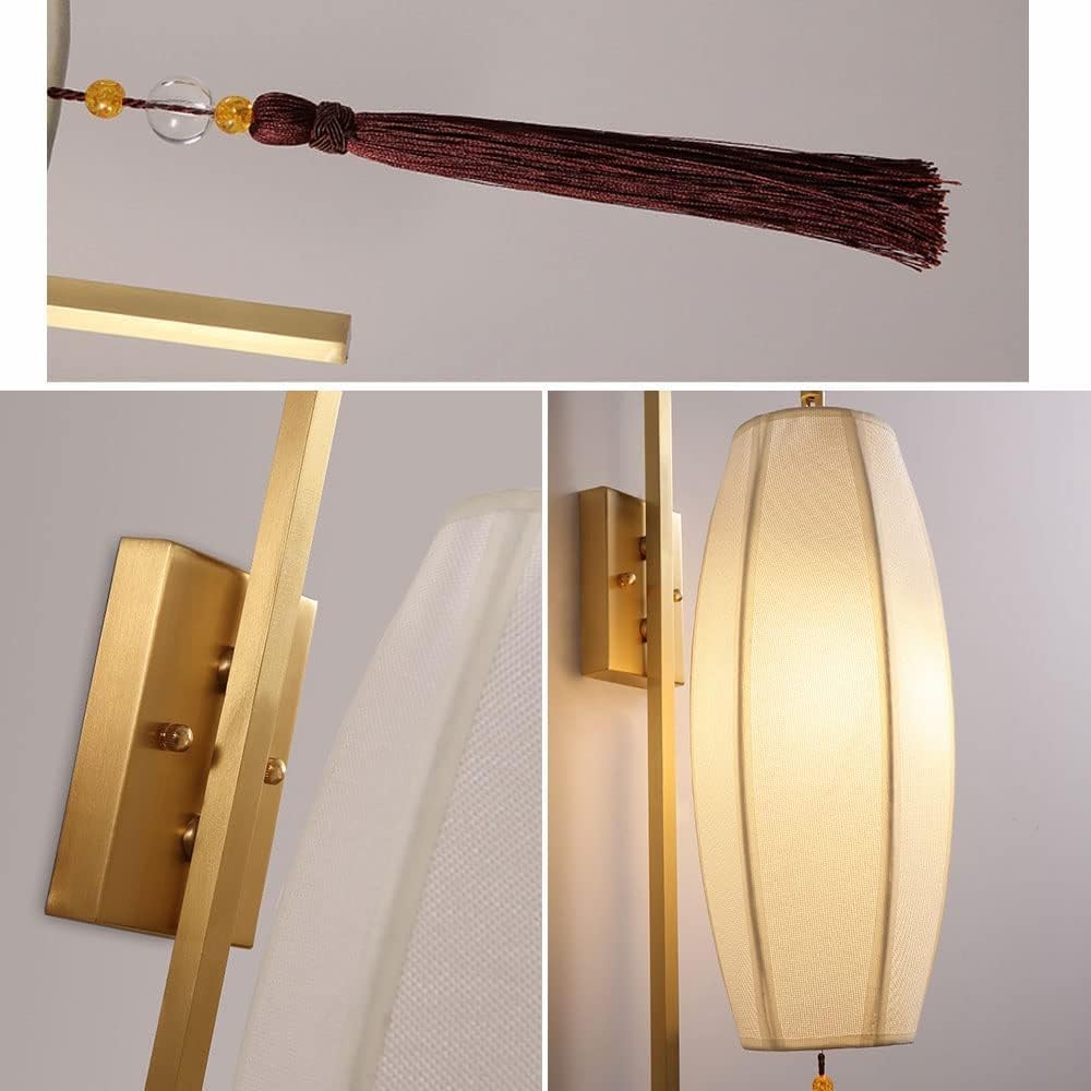 Nordic Minimalism Copper Indoor Wall Mount Light Single Chinese Farmhouse Wall Sconce with Fabric Shade Hardwire White Linen Wall Lantern Hallway Wall Lamp for Bedroom Bedside Living Room