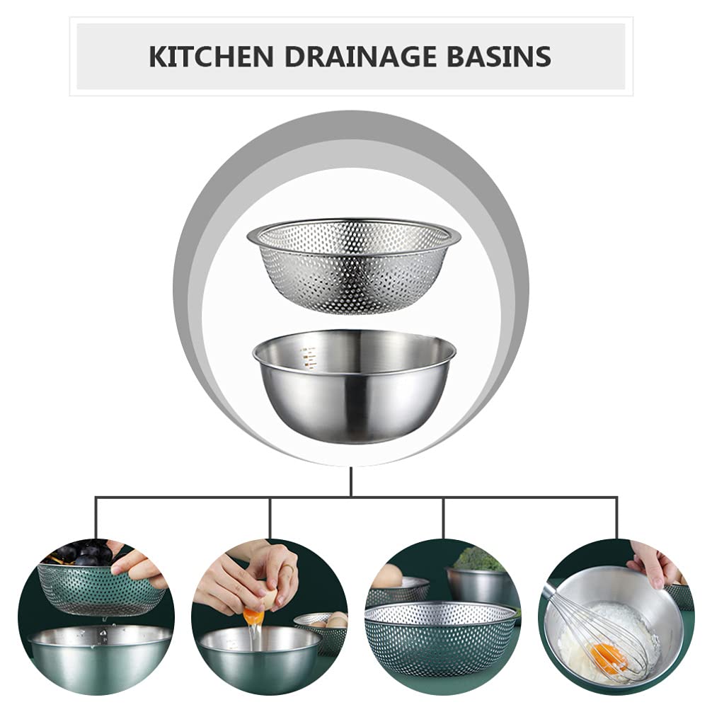 Cabilock 2pcs Stainless Steel Drainage Bowls and Vegetable Washing Strainers Kitchen Basins for Efficient Food Preparation and Easy Cleaning