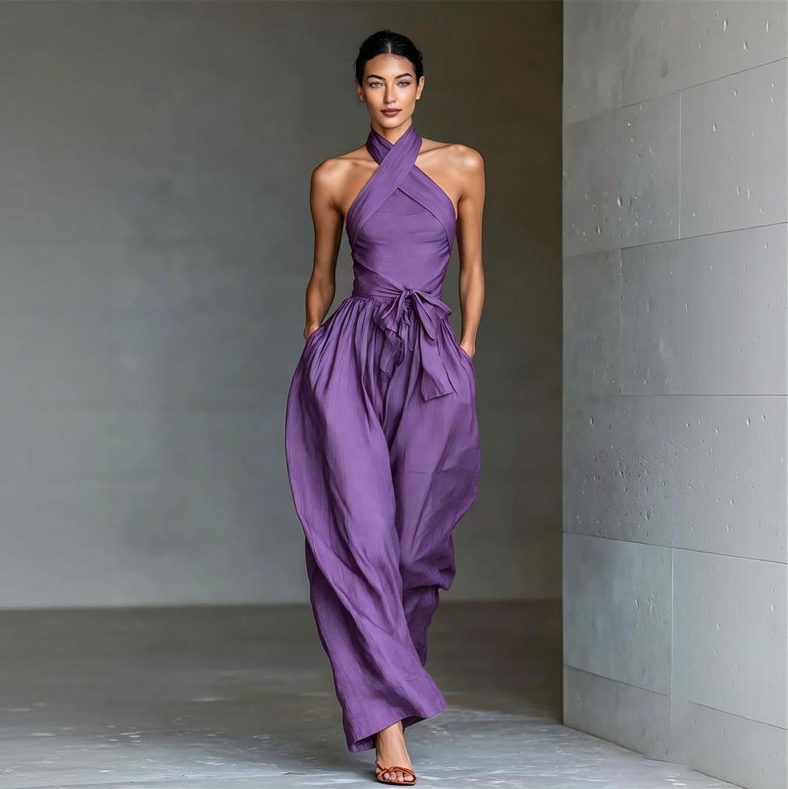 Generisch Jumpsuit Damen Elegant Sommer Neckholder Overall Hochzeit Festlich Tailliert Onesie Hosenanzug Hochzeitsgast Lang Weites Bein Jumpsuits Rückenfrei Trägerlos Business Romper mit Tasche