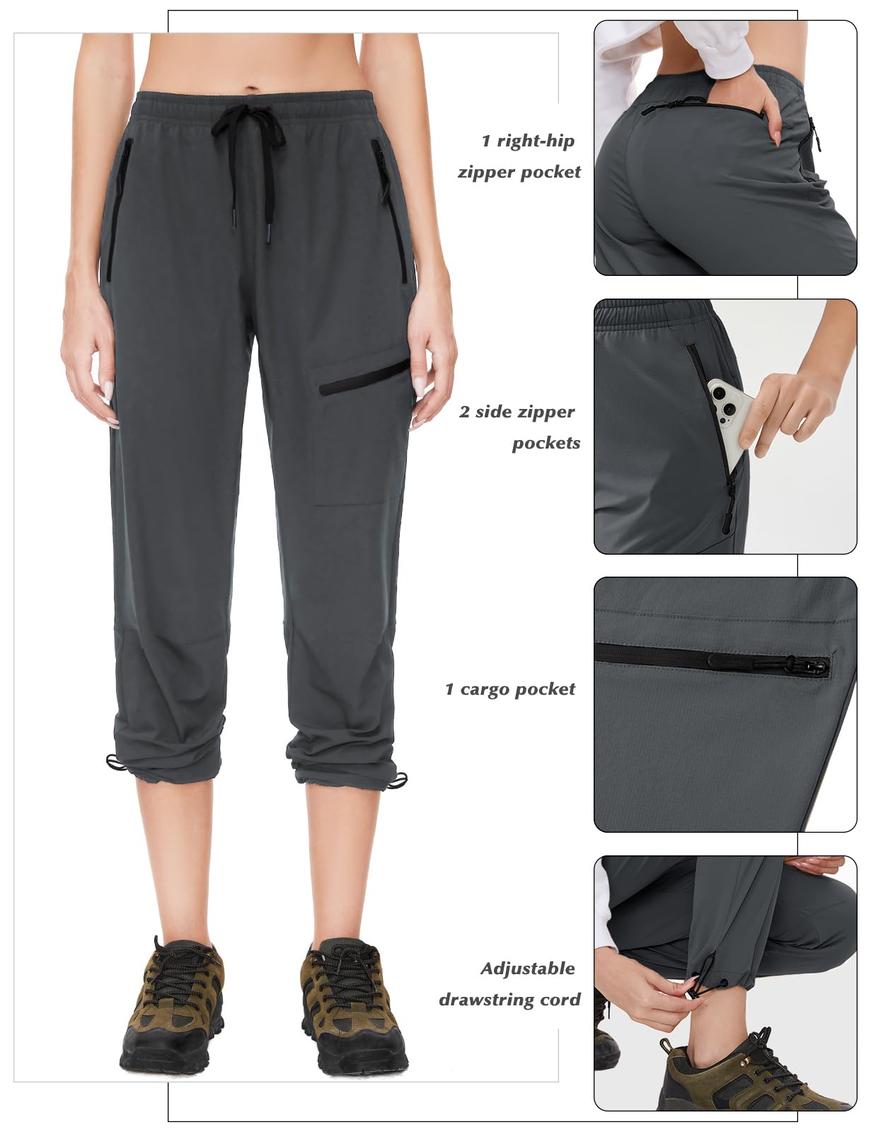 SEVEGO Pantalones de senderismo para mujer, entrepierna alta, 32, 34 y 36 pulgadas, ligeros, 4 bolsillos con cremallera, resistentes al agua