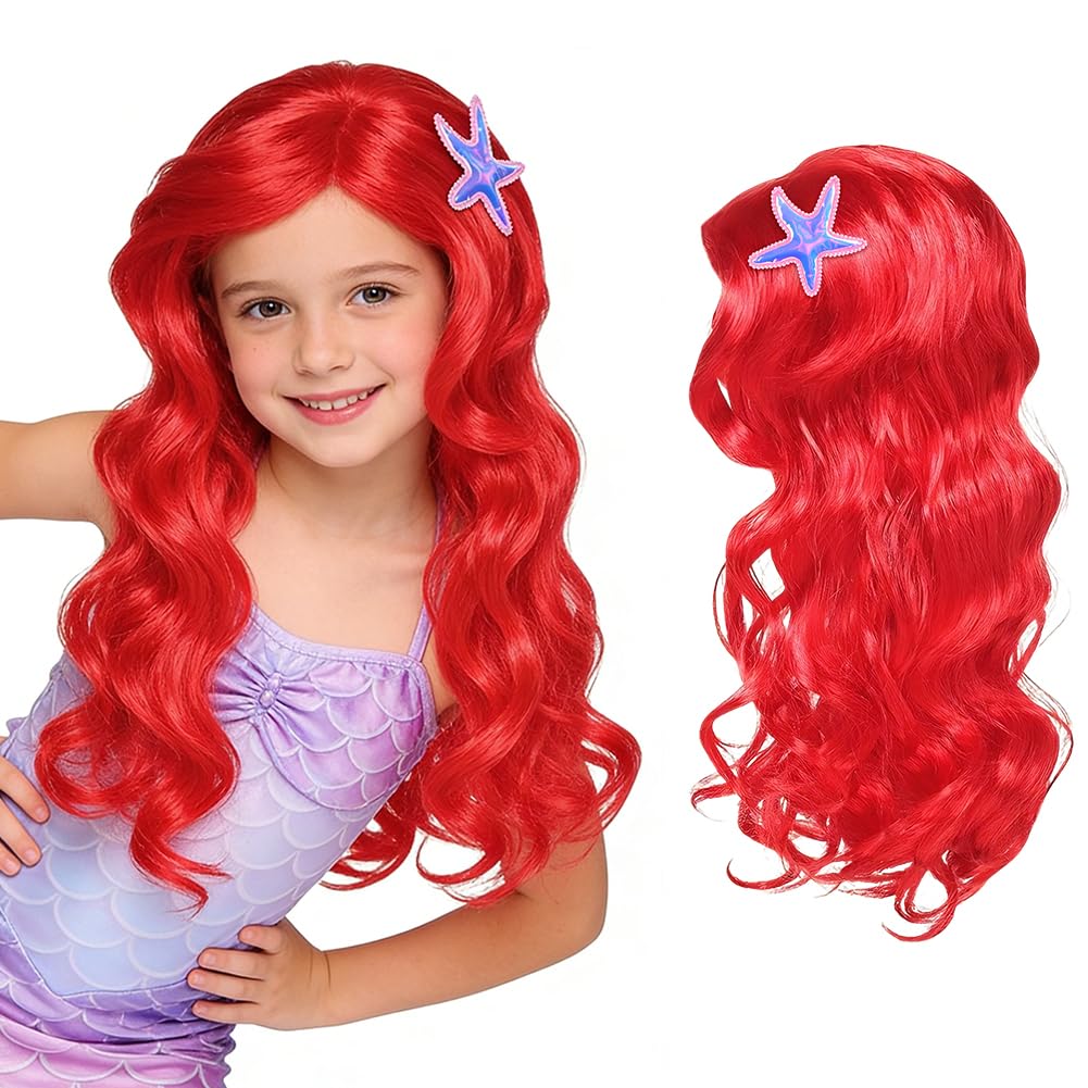 AOOWU Peluca Infantil de Sirena Princesa Sirena para Niña, Pelucas Princesa Cosplay, Peluca Roja Ondulada Sirena NIña para Halloween, Carnaval, Fiesta, Cumpleaños, Cosplay — view 2