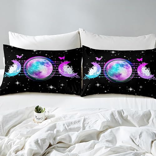 Miniatura 7 de Erosebridal Juego de ropa de cama bohemio con luna completa y estrellas, funda de edredón de flores de rosa azul para niñas, funda de edredón de