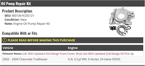 Kit de reparación de bomba de aceite de motor - Compatible con Chevy Trailblazer 4.2L 6 cilindros VIN S Vortec DOHC 2002-2009
