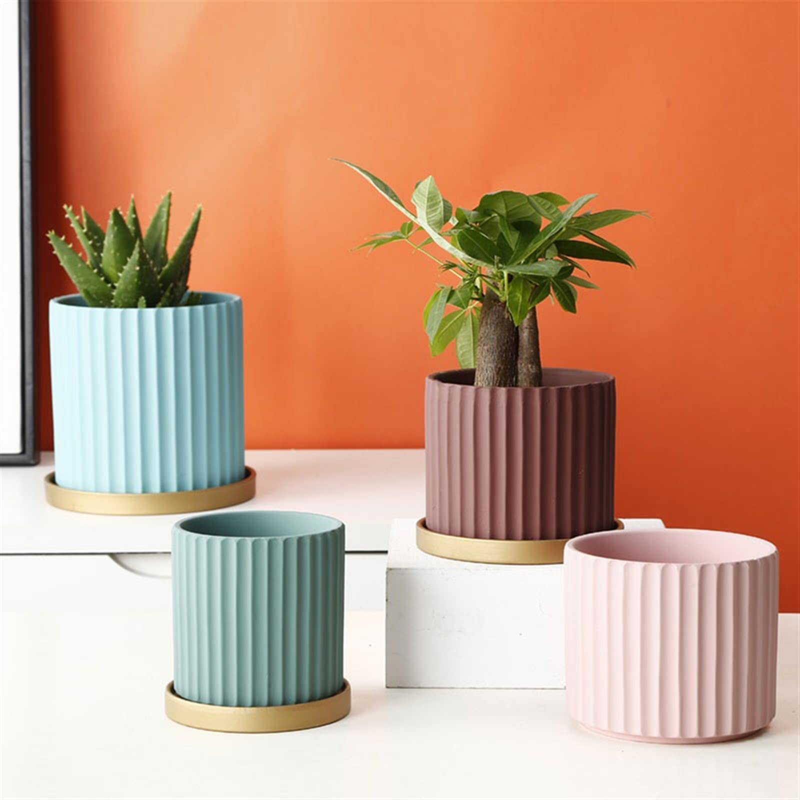 Doniczki na kwiaty prosta pionowa doniczka w paski z tacą okrągła ceramiczna doniczka do wnętrz orchidea kaktus doniczka na sukulenty z otworami drenażowymi doniczka ogrodnicza (kolor: Rosso)