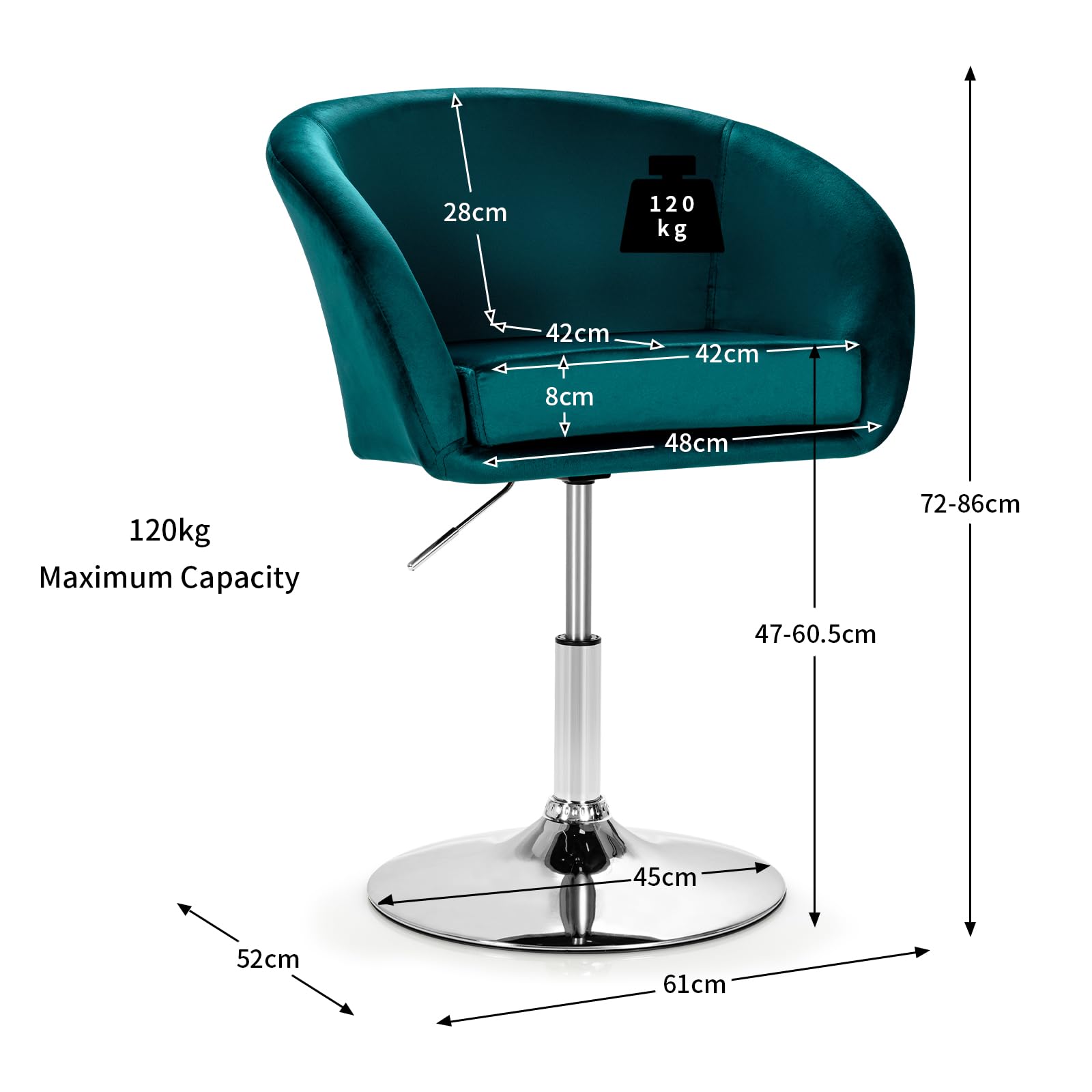 GIANTEX Sgabello Da Bar Regolabile In Velluto Verde Muschio, Girevole 360°, Con Schienale E Braccioli, Altezza Seduta 47-60,5 Cm