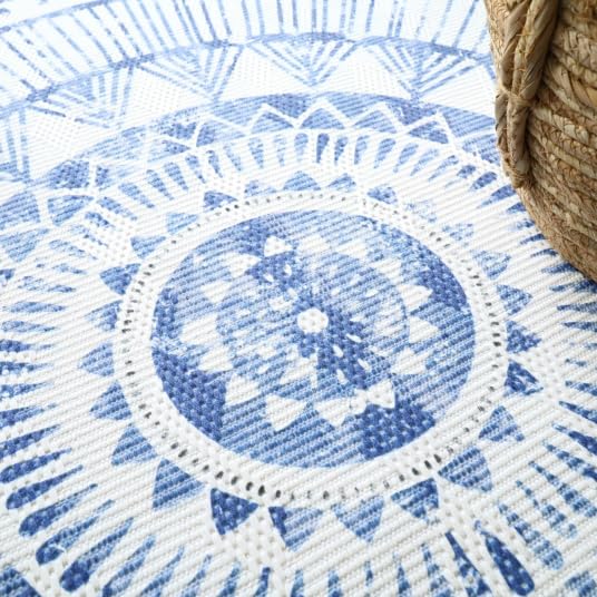 Tapis rond en coton blanc à franges - Aztèque - Motifs bleu - Rond Ø 150 cm