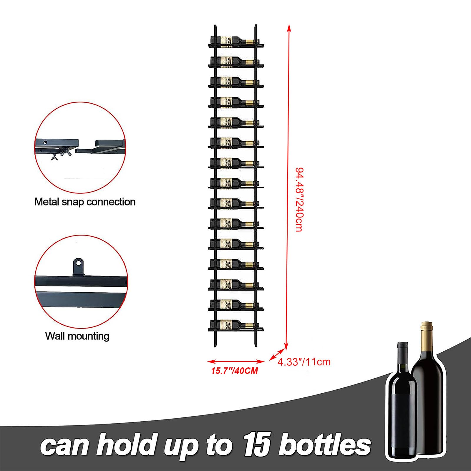 Grande portabottiglie da parete, portabottiglie nero per vino, 15 ripiani da 45 bottiglie da appendere alla parete, in metallo, per ristoranti commerciali, dispensa, bar, cantine (nera, 16 bottiglie)