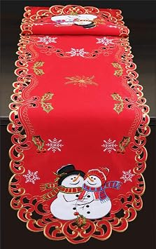 Creative Linens Holiday Christmas Table Runner Embroidered Snowman Snowflake Poinsettia Oval Dresser Scarf Red Gold 15x69 Red
