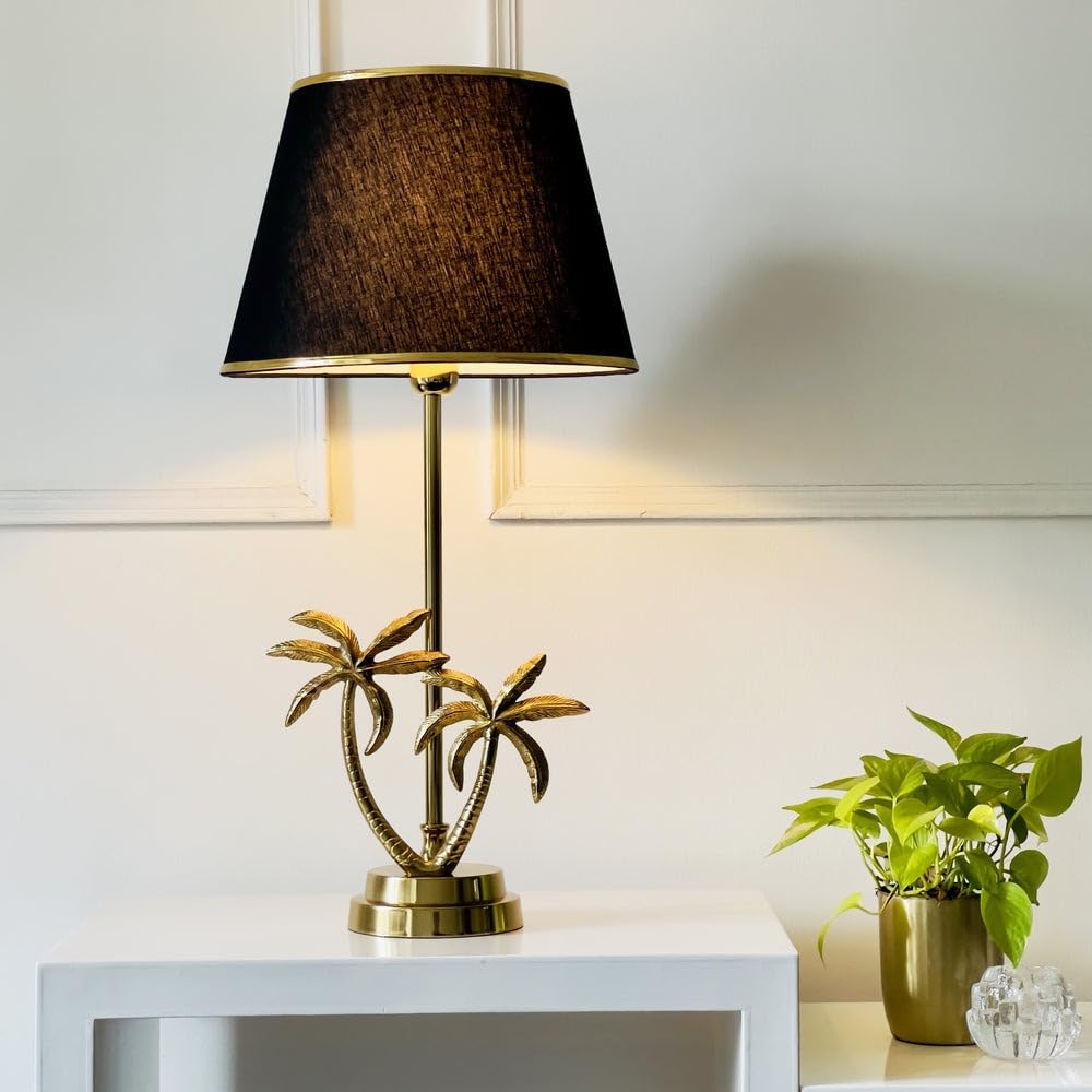 Palm Tree Antique Brass Gold Metal Table Lamp I Bedside Lamp/Traditional Table Lamps/lamp for Living Room/Black & Golden Tapered Drum Shade/Lamps for Home Decor