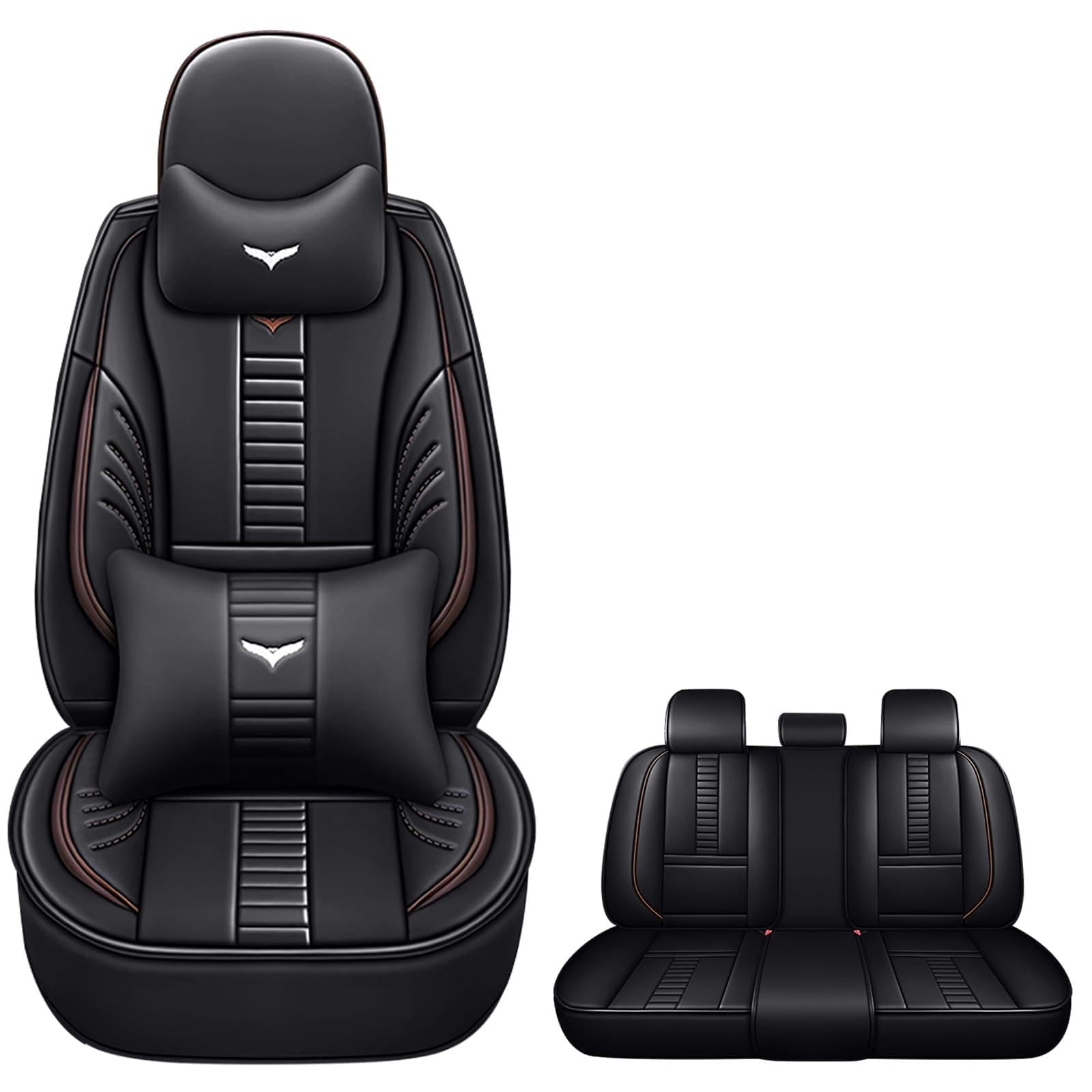 Full Set of Universal Fit Automotive Seat Covers fit for Mitsubishi Outlander Sport 2011-2025, PU Leather Automobile Interior Sets with Headrest & Back Pillow Black & Coffee Line