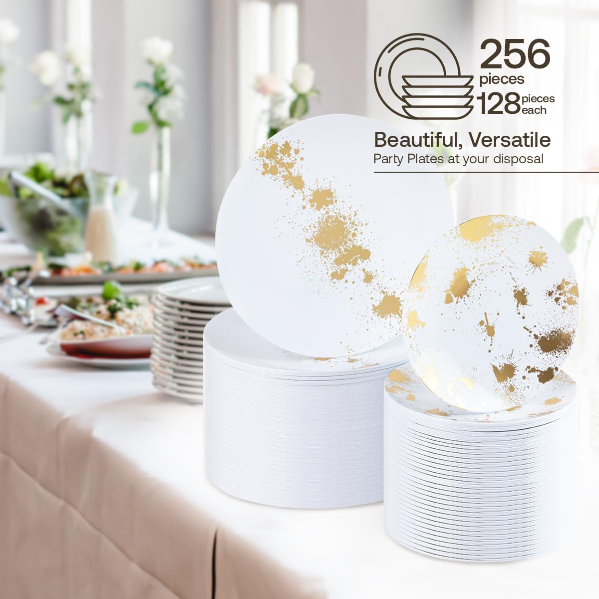 Dining Collection Party Plastic Plates – White with Gold Splatter Design - 256 Count- Round Elegant Premium Combo Pack (7.5”, 10.25”) 128 of Each Size