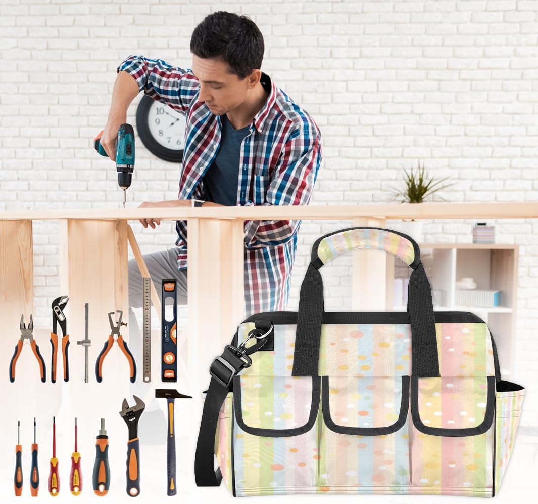 Polka Dot Heavy Duty Tool Bag 14.8 Inch Rainbow Colorful Portable Soft Tool Box Organizer Storage with Adjustable Shoulder Strap