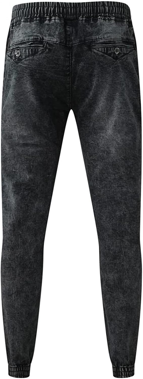 Men's Retro Elastic Casual Jeans Drawstring Street Cargo Pants Fashion Sport Pure Color Loose Jeans