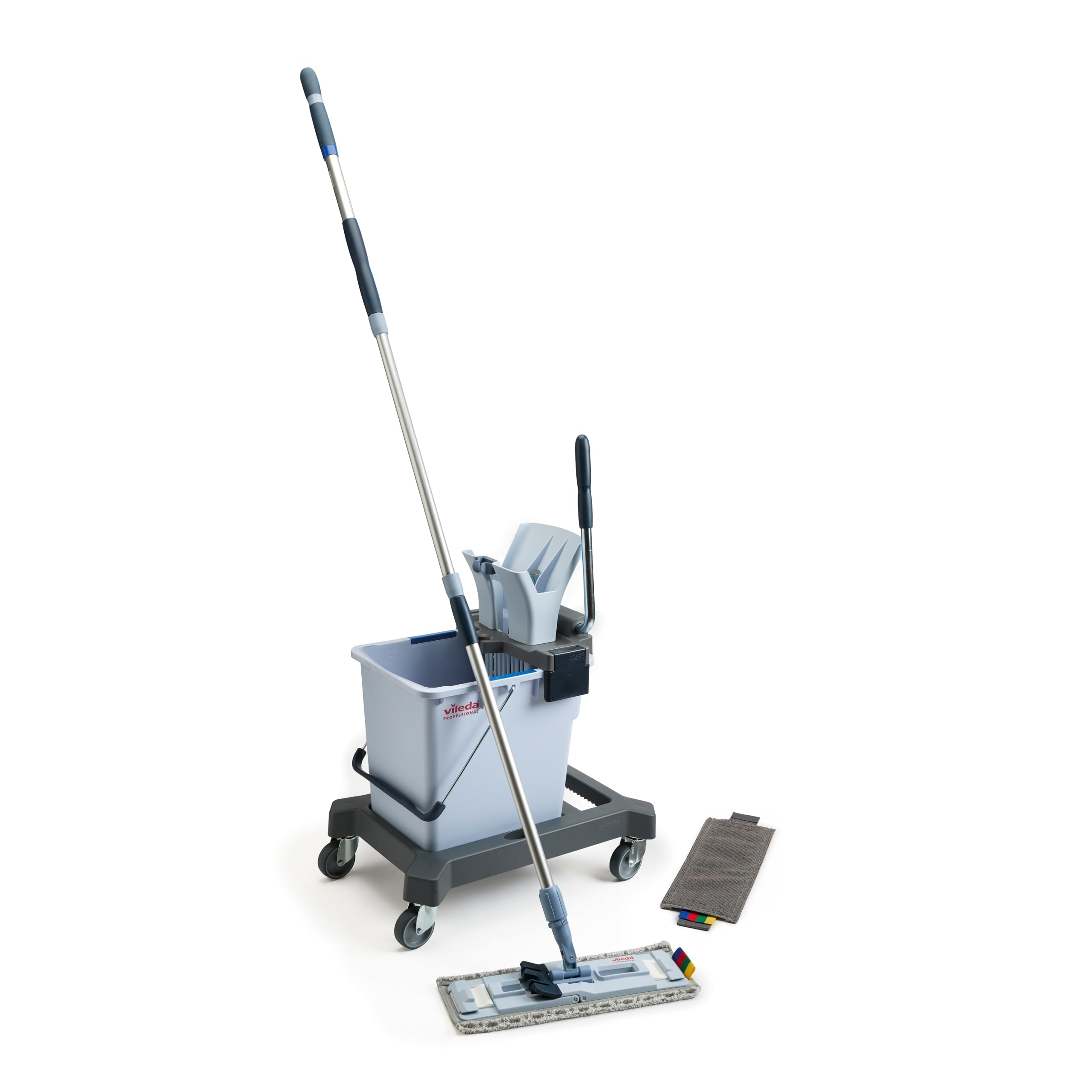 Vileda Professional, UltraSpeed Pro Fahreimer Ready‑to‑Go Set 25 L mit Presse, r‑MicroSpeed Max 4D Mop, 40‑cm Halter & Teleskopstiel – Recycling‑Microfaser, entfernt 99,9 % Viren