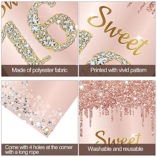 Image of Sweet 16 Birthday Door Banner Backdrop Decorations for Girls, Pink Rose Gold Happy 16th Birthday Party Door Cover Sign Supplies, Sixteen Year Old Birthday Poster Photo Booth Props Decor