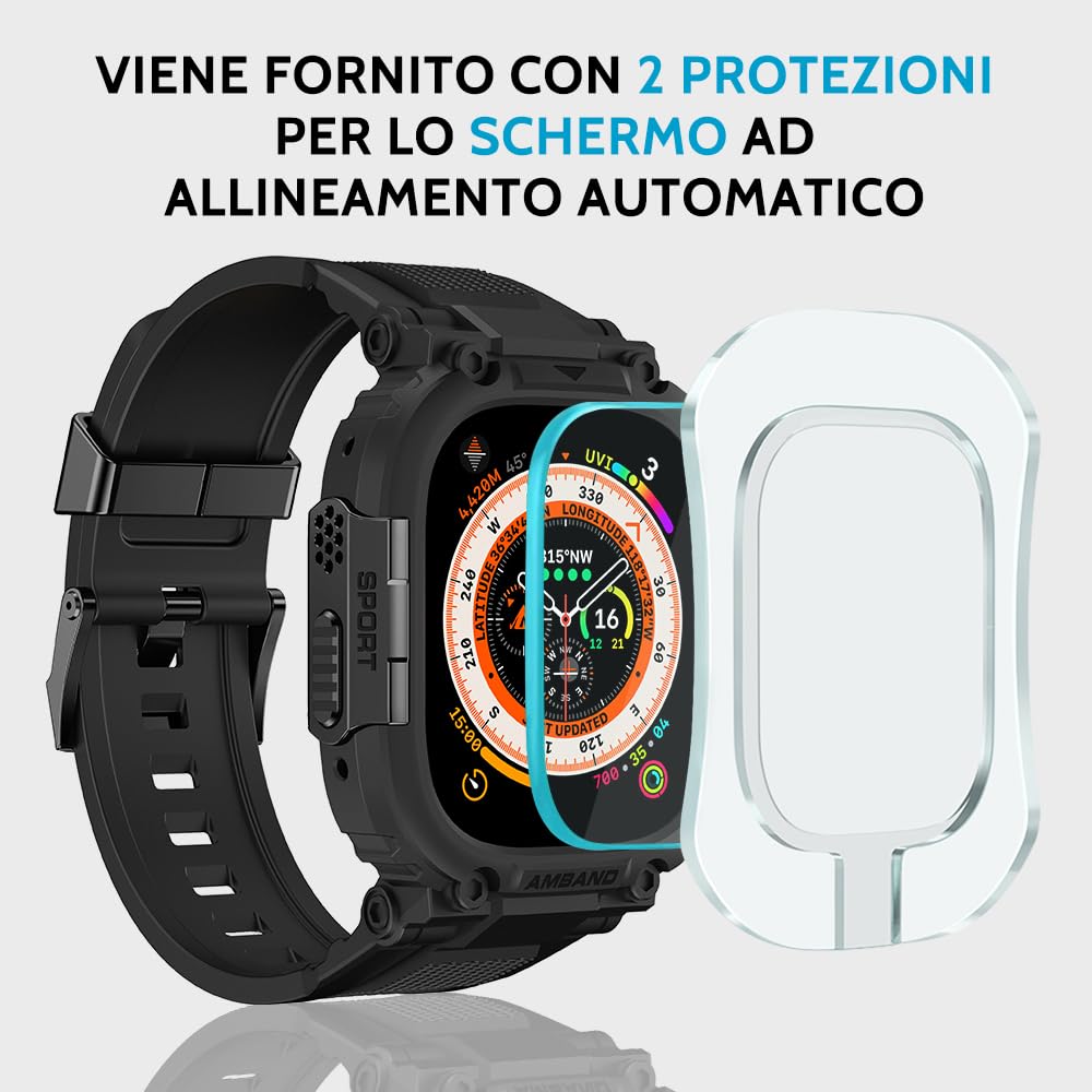amBand Cinturino Custodia Protezione Schermo Compatibile con Apple Watch Ultra 2/1 49mm, M1 Sport Serie Rugged Cover e 2 Pack Pellicola Vetro Temperato, Protettivo Militare per iWatch 49mm Uomo Nero