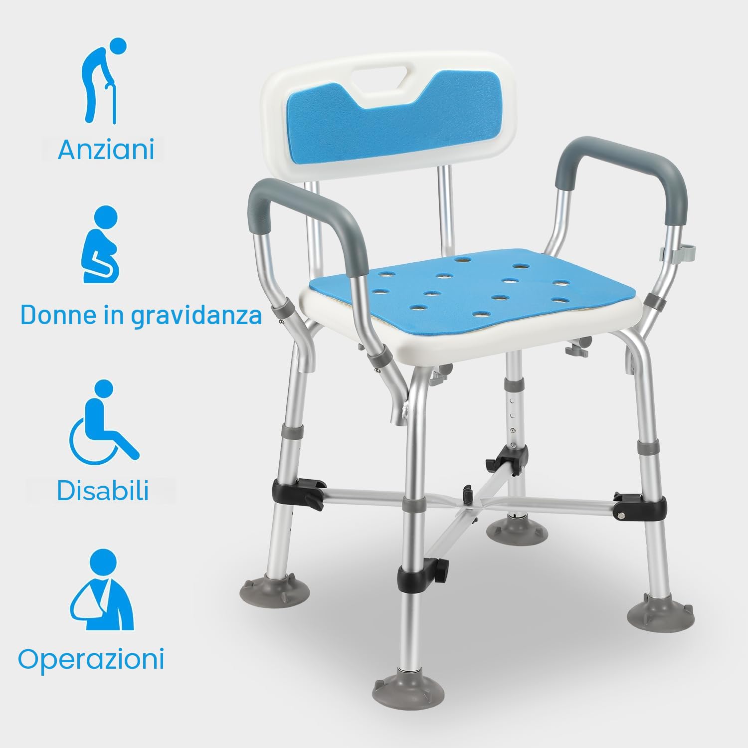 Sgabello da doccia per anziani, regolabile in altezza, sedia da doccia con doppio rinforzo traversa e tappetino antiscivolo, sedile doccia con schienale e braccioli, Bianco