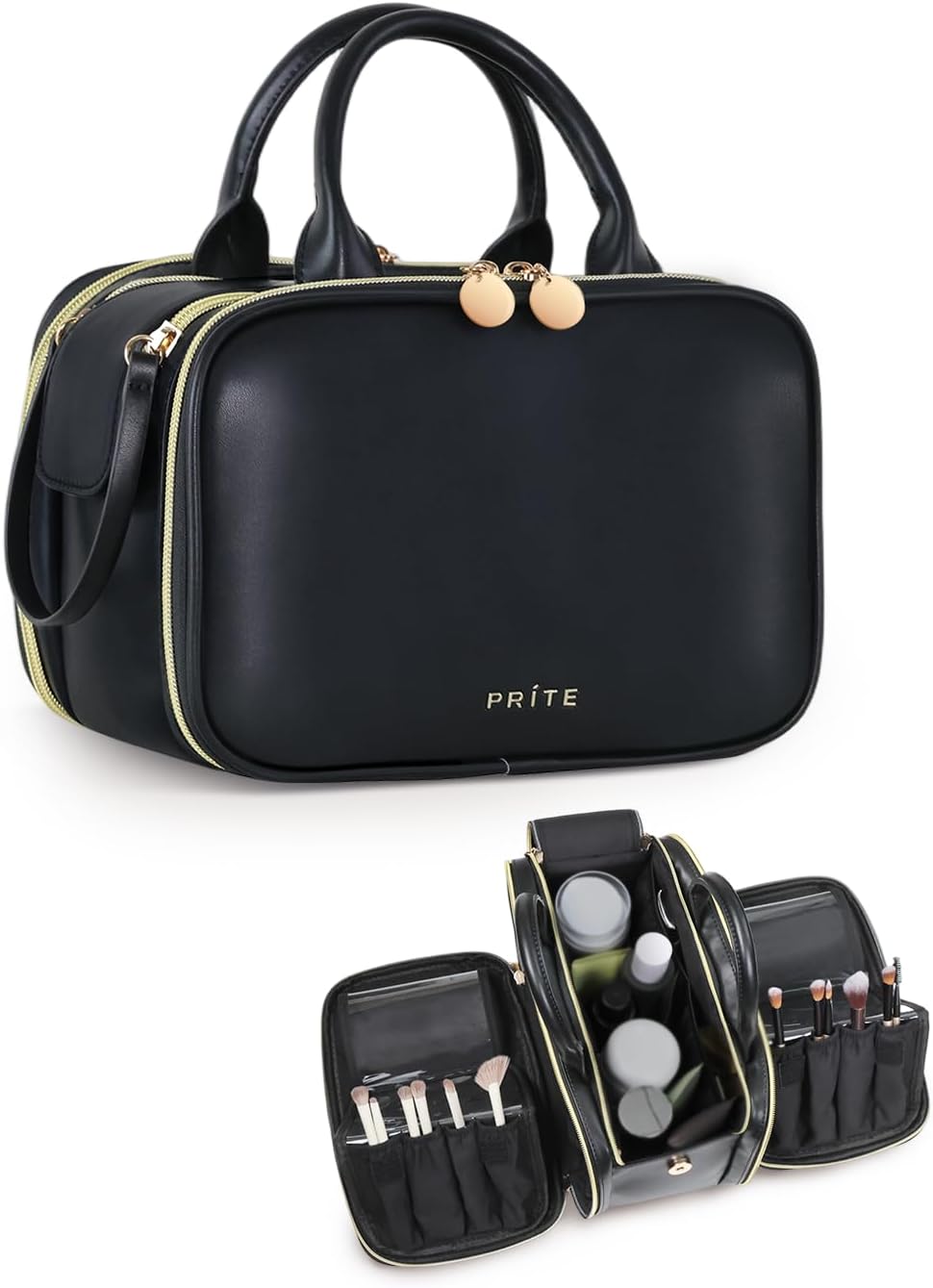 Prite Cosmetic Bag Side Openings Large Capacity Portable Waterproof Travel Toiletry Bag with Handle and Multiple Compartments, Black Prite Cosmetic Bag Side Openings Large Capacity Portable Waterproof Travel Toiletry Bag with Handle and Multiple Compartments, Black