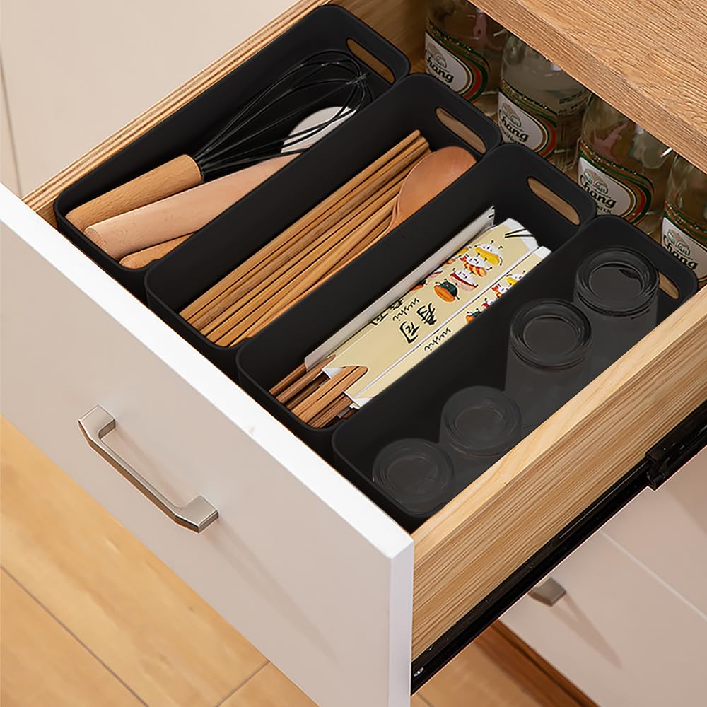 Organizer Cassetti,4 Pezzi Divisori per Cassetti,Organizer Bagno,Scatola Portaoggetti con Porta a U per Cosmetici, Articoli di Cancelleria, Biancheria intima, Cavi Dati(Nero,25,5x8,5x8 cm)