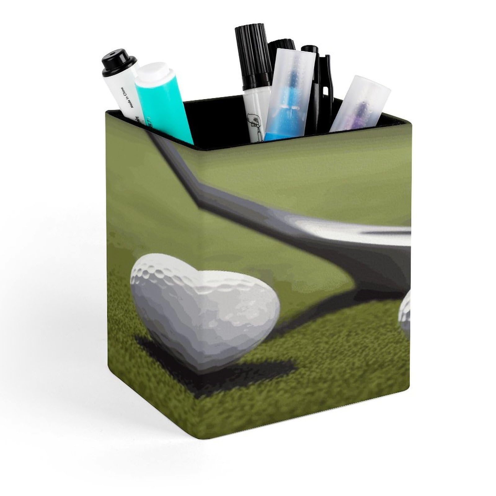 JTREHY Golf Pen Holder Square Pen Pencil Holder Makeup Brush Holders Cup PU Leather Pencil Cups Desktop Caddy Stationery Organizer Case Office Accessories Container Box
