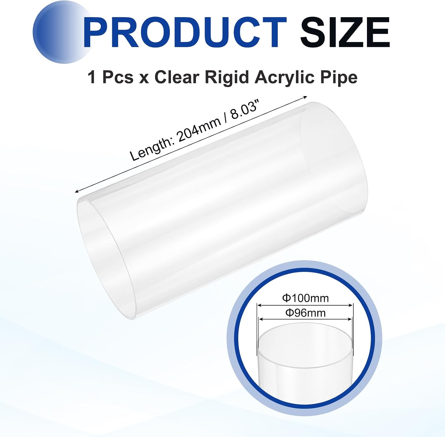 uxcell Clear Rigid Acrylic Pipe 96mm(3.78") ID 100mm(3.94") OD 204mm(8") image 2