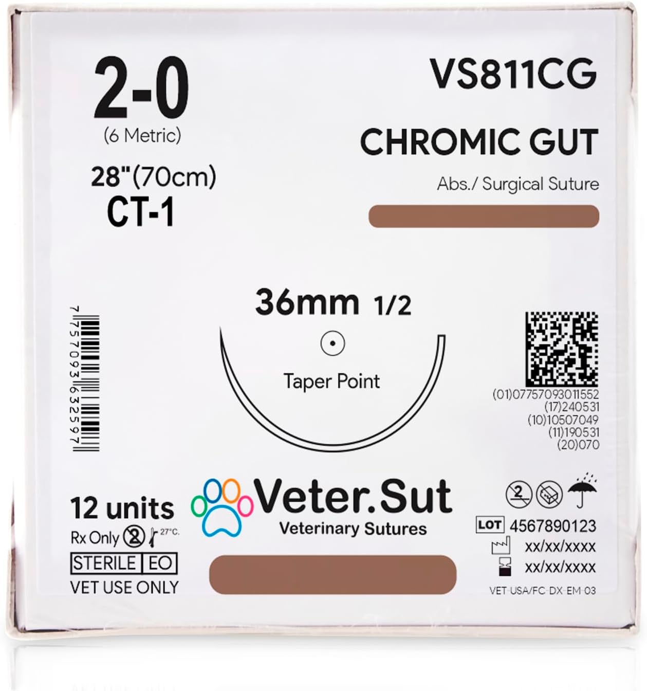 VeterSut CHROMIC Gut Surgical Suture 2-0, (CT-1) 1/2 36mm Taper Point, 12 Count, Veterinary Use