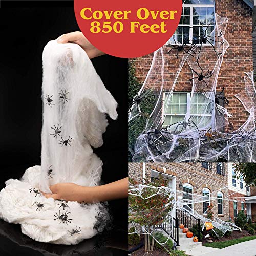 HENMI Halloween Spider Web 11.3oz Fake Spider Web& Webbing with 80 Fake Spiders Super Stretch Cobweb Set (Stretch to 850 Square Feet) for Outdoor and Indoor Halloween Decor Spiderwebs and Cobwebs