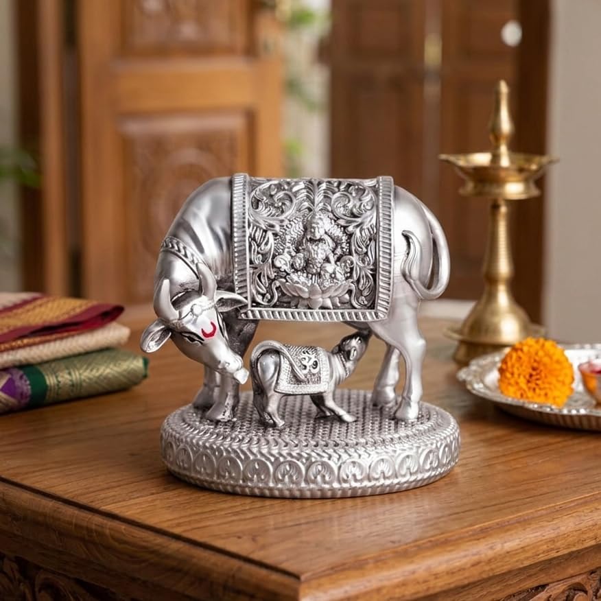 Image of ARNAVIRA 999 Silver Plated Antique Vastu Kamdhenu Cow with Calf Idol with Lakshmi Remedy for Wedding & Housewarming Gift | Pooja Room Height 4.5 Inch (Silver Antique, Large, Kamdhenu Cow 01)