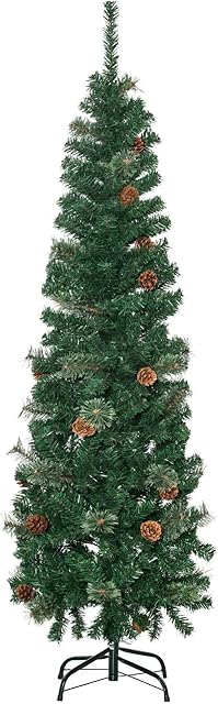 HOMCOM 5.5FT Tall Pencil Slim Artificial Christmas Tree with Realistic Branches, Tip Count and Pine Cones, Pine Needles Tree, Xmas Decoration, Green