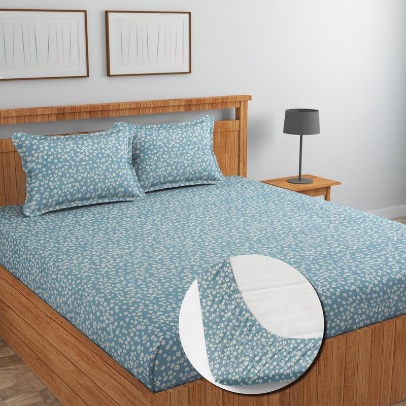Image of NEW LEAF Glace Cotton Fitted King Size Double Bedsheets with 2 Pillow Covers | Elastic Fitted | Wrinklefree | Ultrasoft |Winter Bedsheet 220 tc tc Floral | 78 x 72+10 Inches, Light Blue