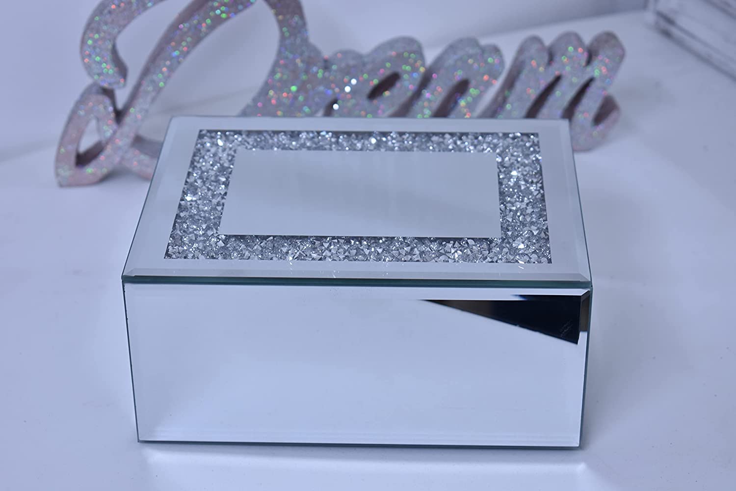 Biznest Silver Glass Mirrored Diamante Crushed Jewels Jewelry Box Mirrored Storage Box