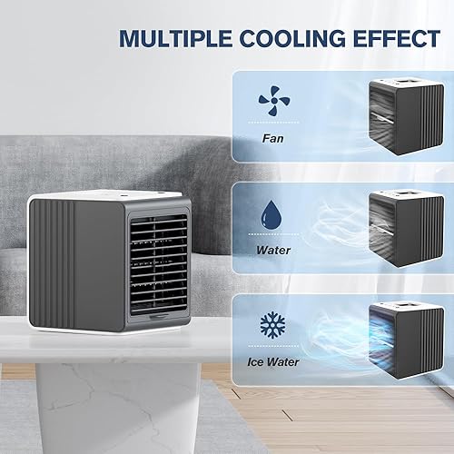 Vista 3 de Enfriador de aire portátil, mini aire acondicionado con alimentación USB, oscilación manual de 90, tanque de agua de 0.07 galones, 3 velocidades