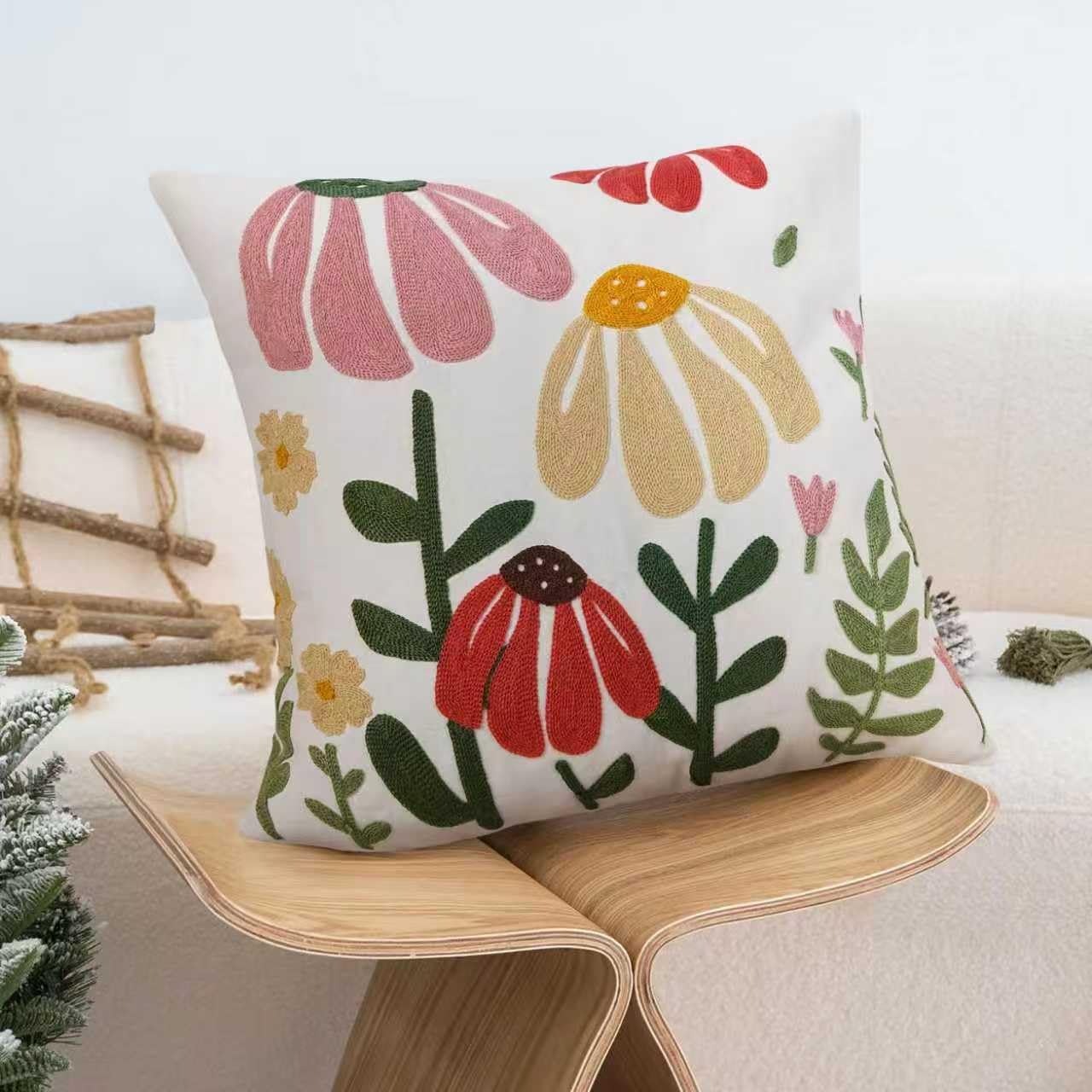 JASEN Embroidered Floral Boho Throw Pillow Cover 18x18 Inch - Decorative Cotton Pillow Case for Couch, Sofa, Bedroom, Living Room - Farmhouse Home Aesthetic Housewarming Gifts (Floral, 18" x 18")