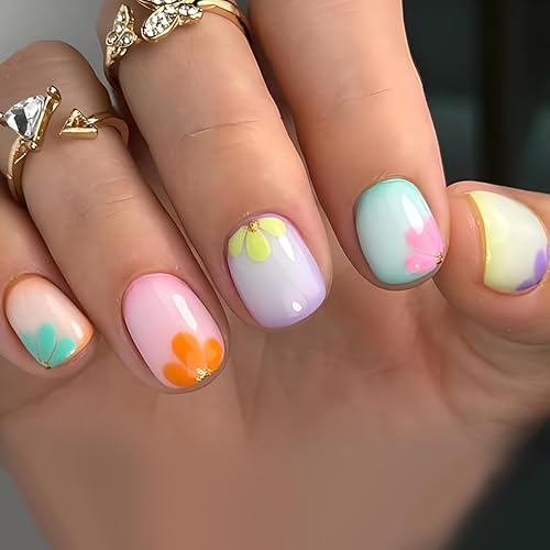 24 Pcs Extra Short Press On Nails Square,YEFIUO Summer Fake