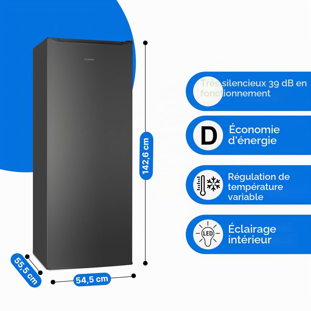 Bomann Réfrigérateur 242 L Pose Libre Éclairage LED VS 7363, Noir | réfrigérateur pose libre, éclairage LED, clayettes en verre, contrôle de la température en continu