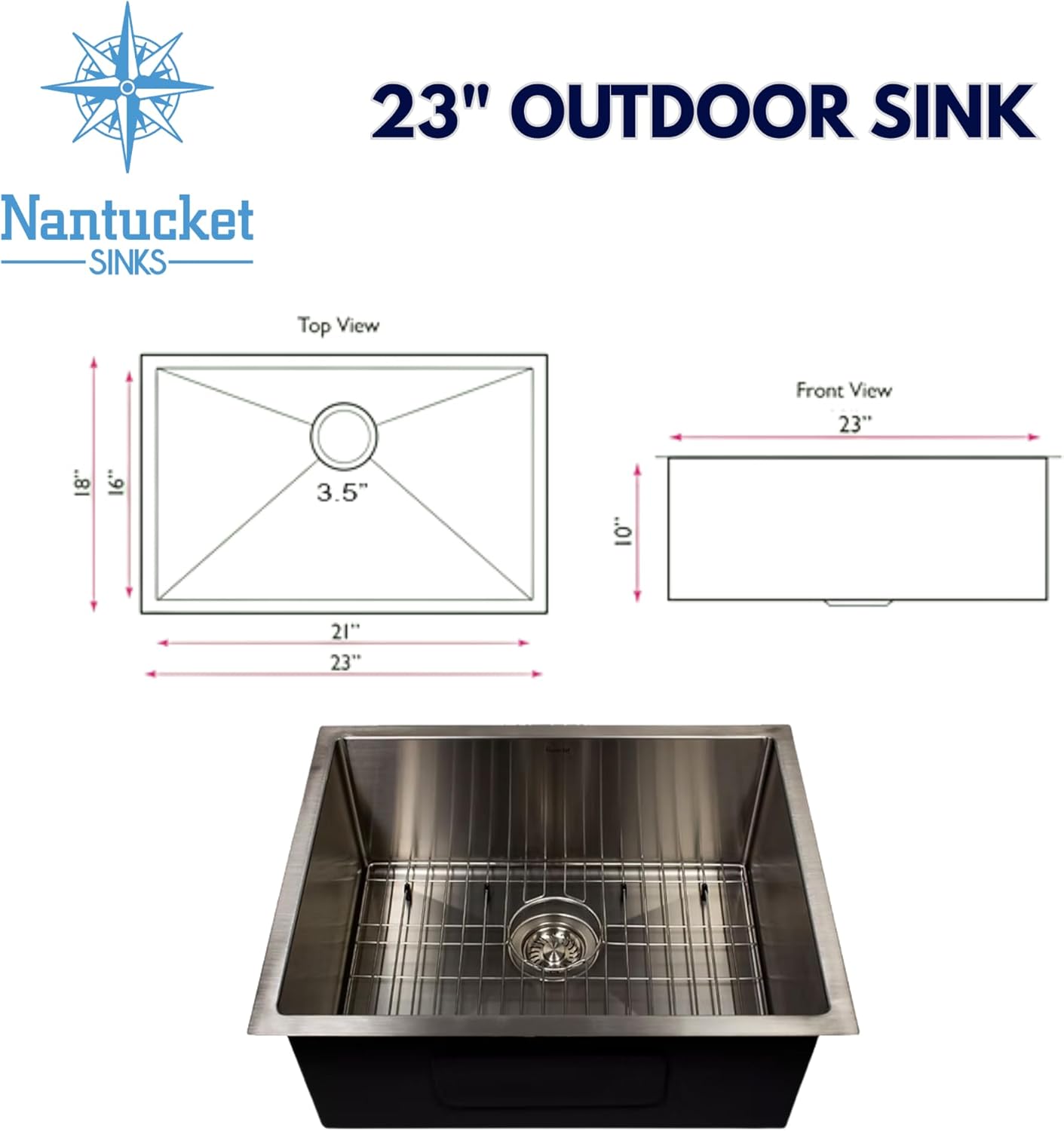 Nantucket Sinks Outdoor Kitchen Sink – 23" Marine Grade Stainless Steel Sink, Undermount Single Bowl, for Wet Bar or Prep Area, Rectangular, w Bottom Grid & Drain – All-Weather AW2318-16