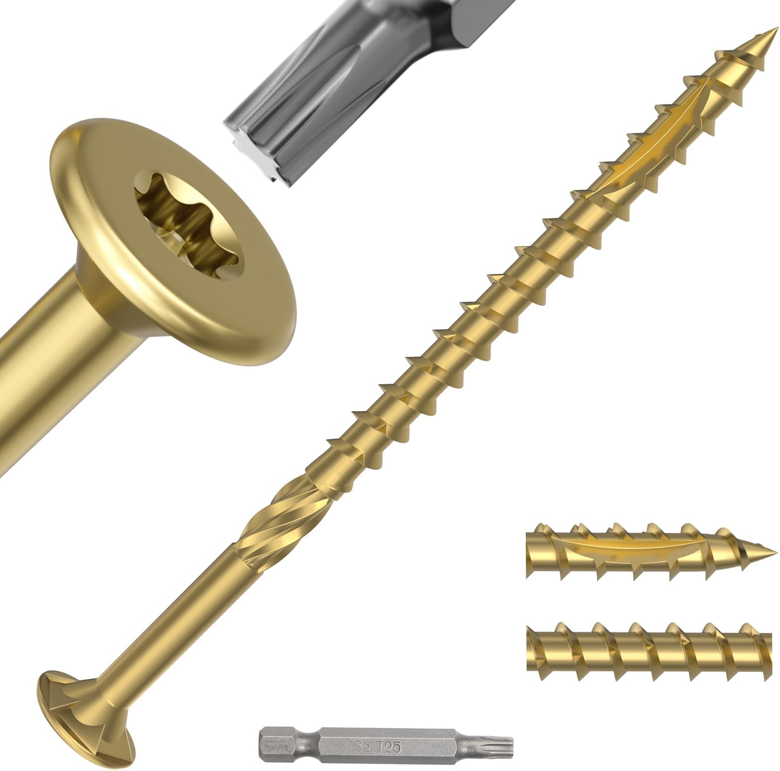 #9 x 2-1/2” Deck Screws, 100Pcs Star Drive Wood Screws, Rust Resistant Timber Screws for Timber/Log/Landscaping Wood, T25 Star Bit Included, Gold