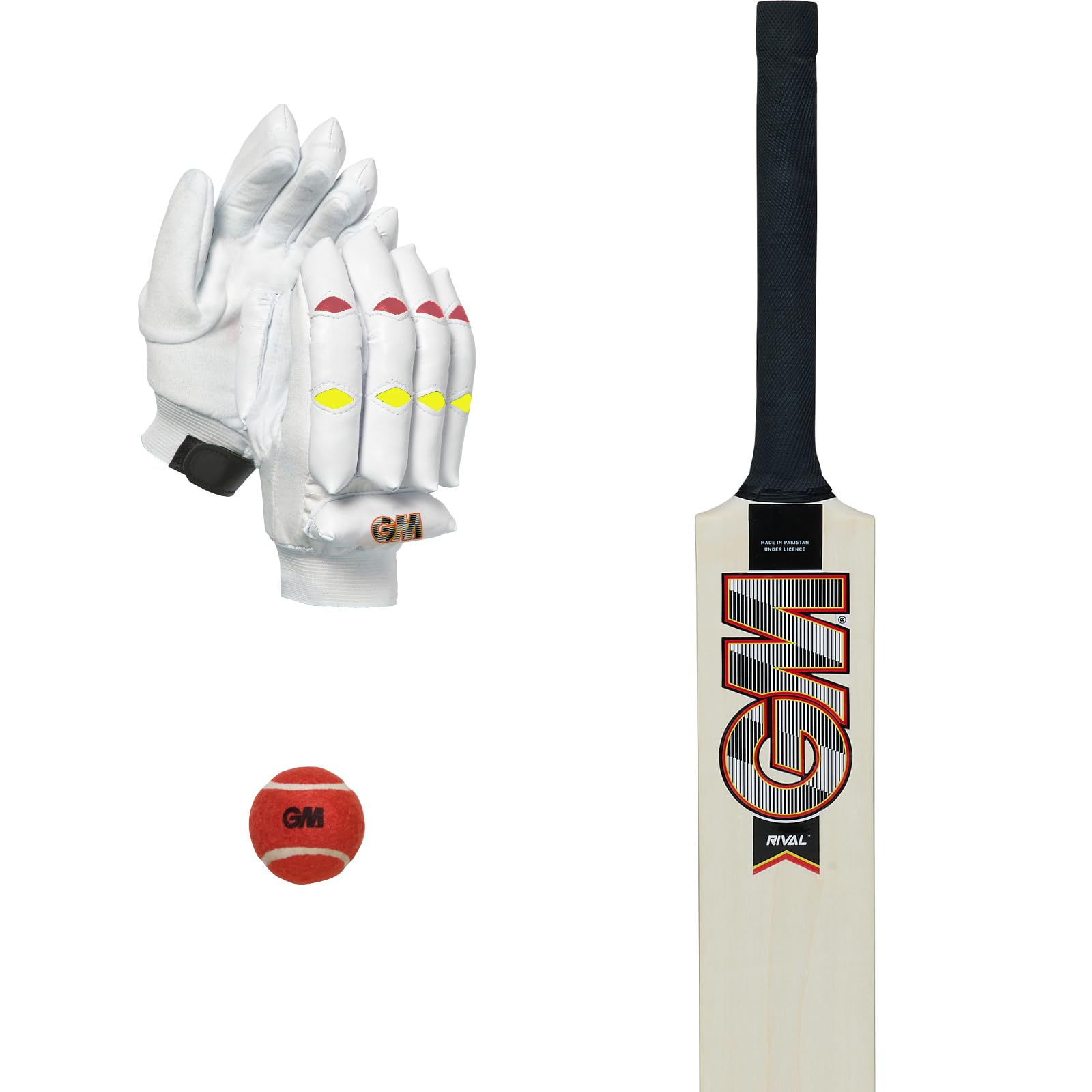 GM | Rival Ensemble de cricket en bois | 1 batte Rival, 1 paire de gants de frappe, 1 balle de tennis rouge souple, 4 souches et 1 bélière | Sac de transport | Taille 4 adaptée pour les joueurs de 144