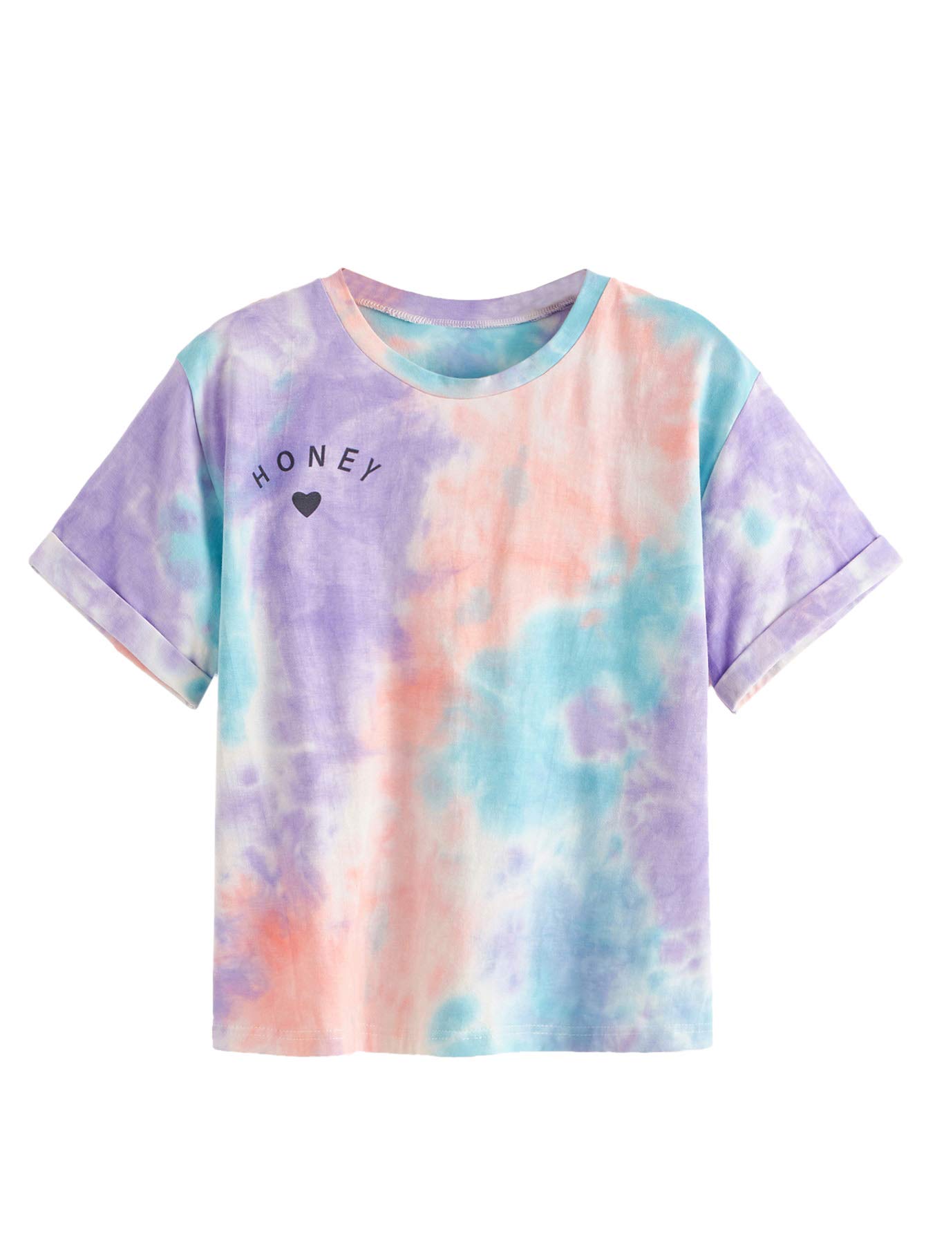 SweatyRocks Women's Rolled Short Sleeve Tie Dye T-Shirt Casual Tee Top Multicolor M