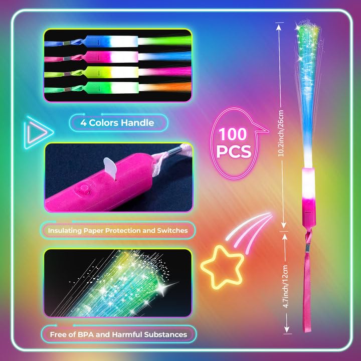 SHQDD 100 PCS Glow Fiber Wands Sticks,LED Light Wands,Glow in the Dark Party Supplies,Fiber Optic Wands,LED Flashing Sticks,Fiber Optic Light Wand Stick for Party,Wedding,New Year Party Favors