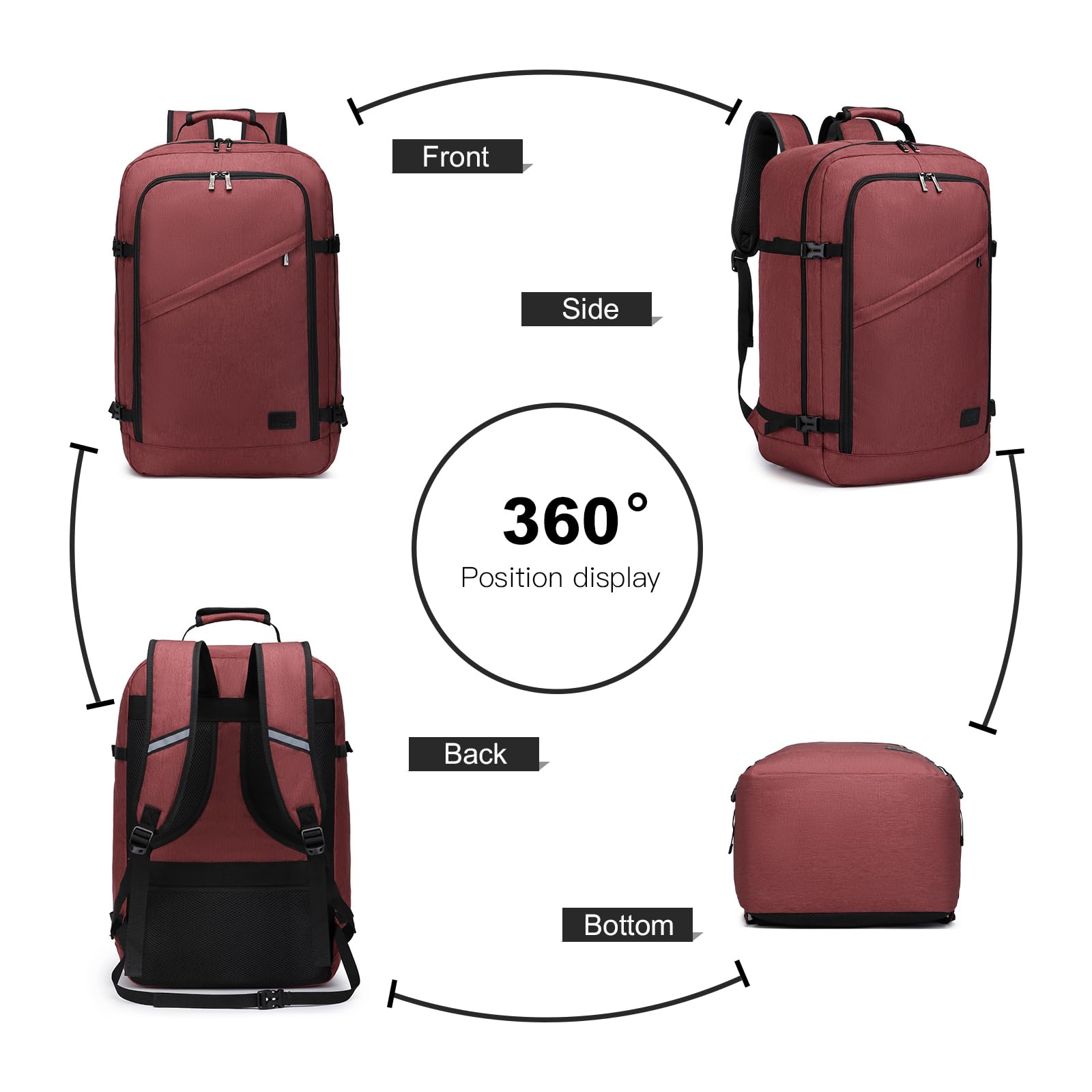 Kono Mochila Cabina 55x35x20cm Bolsa de Viaje Grande Bandolera Portátil 38L (Rojo)