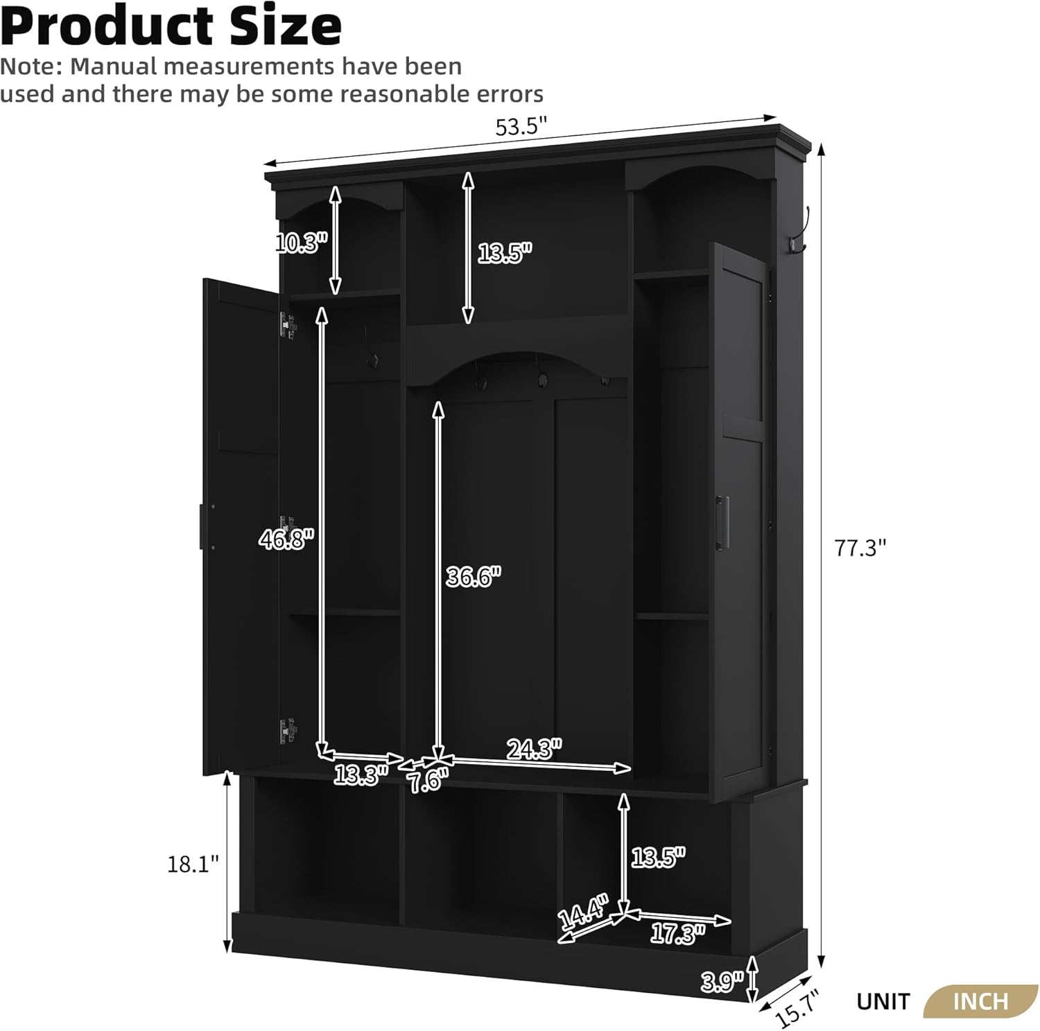Merax Hall Tree with Bench and Shoe Storage 77.3" Tall with Adjustable Shelves, Modern All-in-One Entryway Bench with 2 Side Cabinets & 7 Hooks, Elegant Arched Design, 53.5"L x 15.7"W (Black)