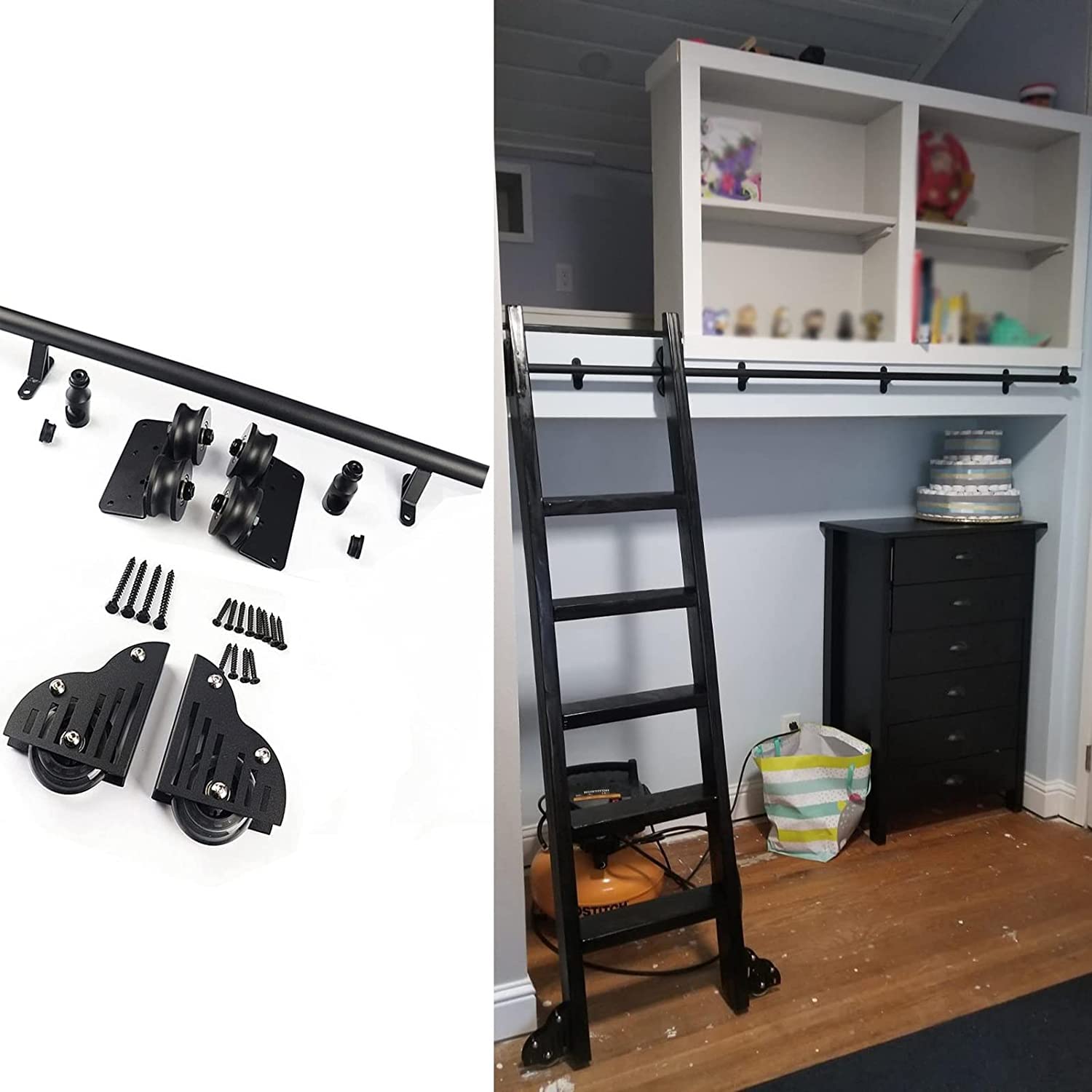 Kit quincaillerie échelle coulissante bibliothèque MObyat rail rond noir rustique premium