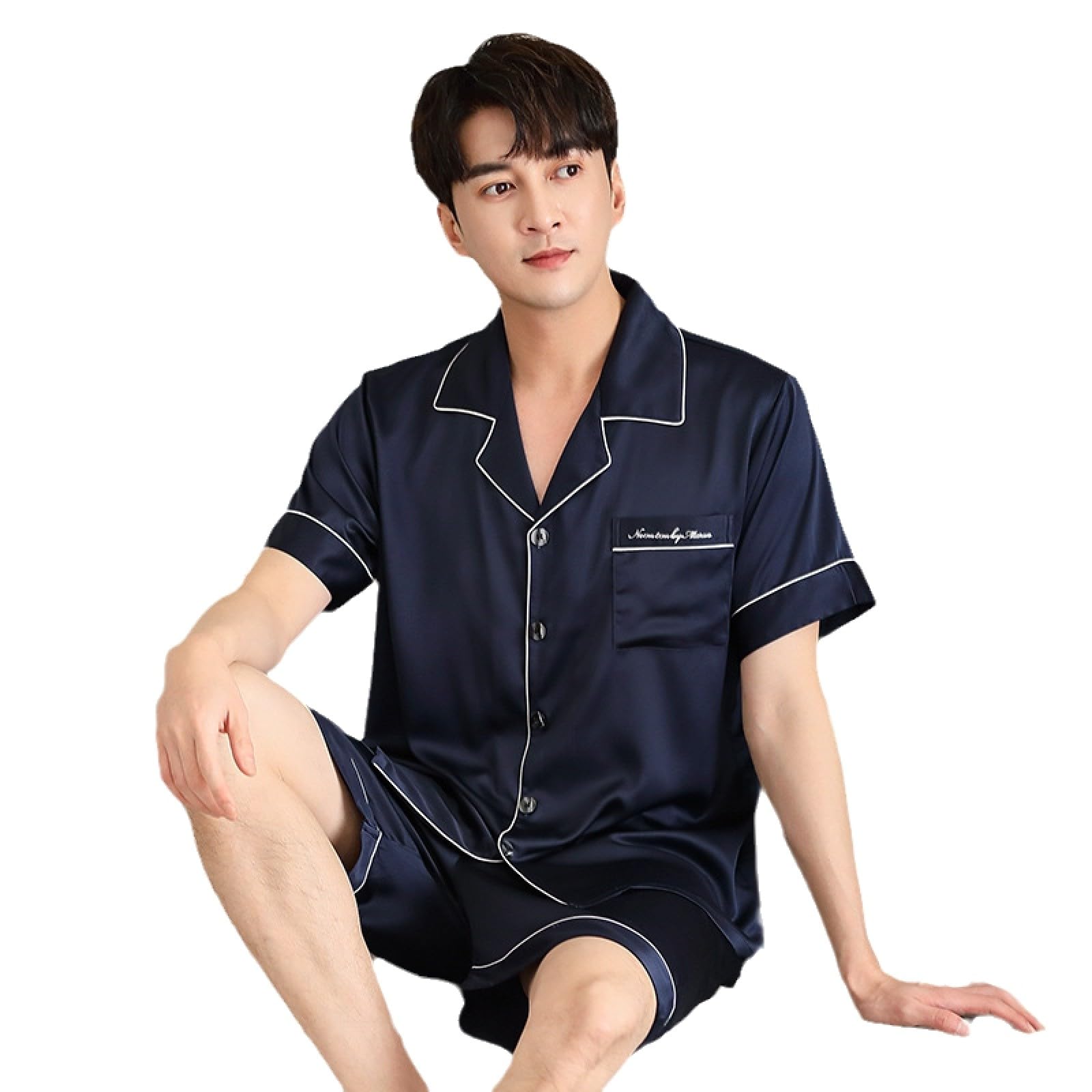 DELIGUO Satin Pijamas Set Para Hombre - Pantalones Cortos De Manga Corta De Verano, Ropa De Dormir Informal Holgada Con Letras, Ropa De Dormir De Dos Piezas De Seda Helada Con Solapa Y Botones Cómodos