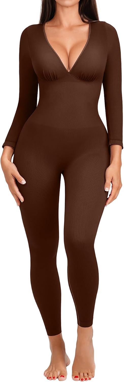 SHAPELLX Jumpsuits for Women Long Sleeve V-Neck Bodycon Compression Outfits