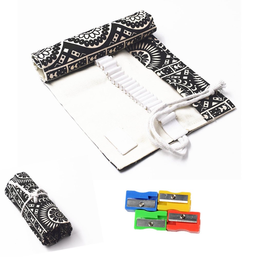 RayLineDo® 36 Holes Canvas Pencil Wrap Roll Up Pencil Case Pen Holder Bag Storage Pouch Black Bohemia Style