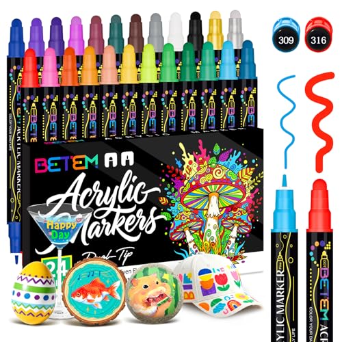 Betem 24 Colors Dual Tip Acrylic Paint Pens Markers, Premium Water-Based Acrylic Paint Markers for Fabric, Rock, Wood, Glass, Eggs, Canvas, Ceramic, Easter Basket Stuffers DIY Crafts Drawing Markers