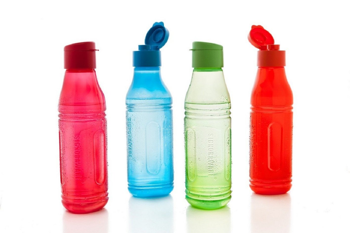 Signoraware Fliptop-Aqua Triangle Plastic Water Bottle Set, 500ml/6cm, Set of 4, Multicolour
