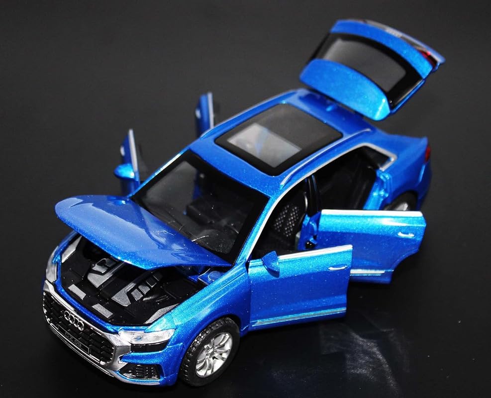 Image of Kids Model 1:32 Q8 Die Cast Metal Car Pull Back Action Opening Doors with Realistic Engine Sound Lights Toy Car Gift for Boys - Blue